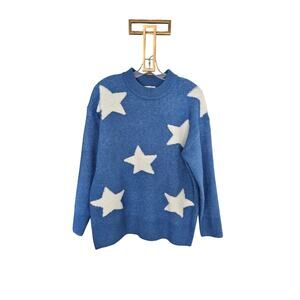 THML Blue White Star Graphic Crewneck Sweater Size Medium
